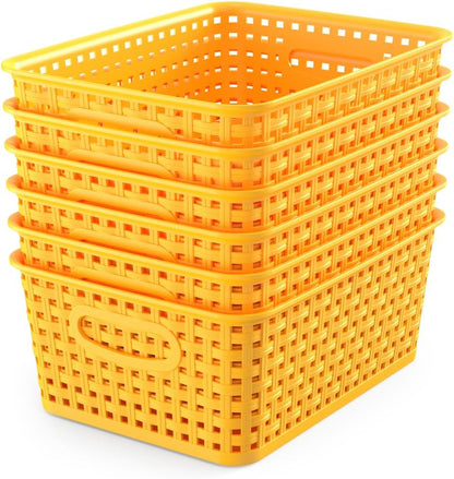 6-Pack Plastic Small Shelf Storage Weave Baskets Organizing for Cabinets and Pantries, Yellow