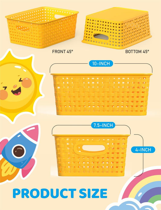 6-Pack Plastic Small Shelf Storage Weave Baskets Organizing for Cabinets and Pantries, Yellow
