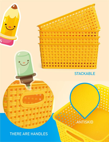 6-Pack Plastic Small Shelf Storage Weave Baskets Organizing for Cabinets and Pantries, Yellow