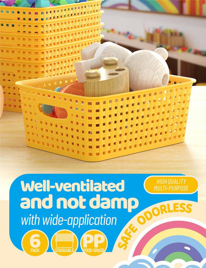 6-Pack Plastic Small Shelf Storage Weave Baskets Organizing for Cabinets and Pantries, Yellow