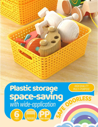 6-Pack Plastic Small Shelf Storage Weave Baskets Organizing for Cabinets and Pantries, Yellow