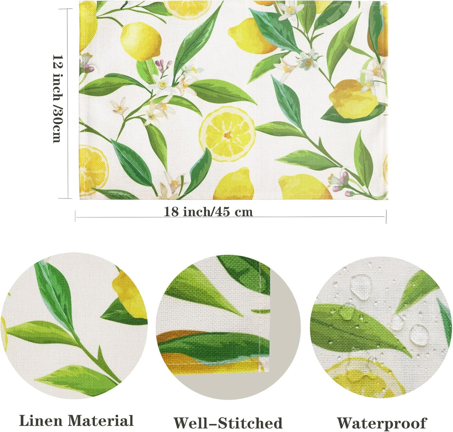 Lemon Placemats Set of 4 Summer Seasonal Yellow Table Mats | Linen Fabric Washable Wipeable Heat Resistant Waterproof Rectangle Place Mats for Kitchen Dining Dinner Patio Party 12X18Inch