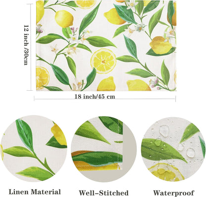 Lemon Placemats Set of 4 Summer Seasonal Yellow Table Mats | Linen Fabric Washable Wipeable Heat Resistant Waterproof Rectangle Place Mats for Kitchen Dining Dinner Patio Party 12X18Inch