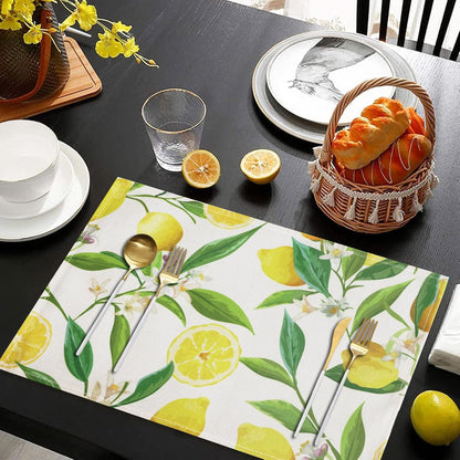 Lemon Placemats Set of 4 Summer Seasonal Yellow Table Mats | Linen Fabric Washable Wipeable Heat Resistant Waterproof Rectangle Place Mats for Kitchen Dining Dinner Patio Party 12X18Inch