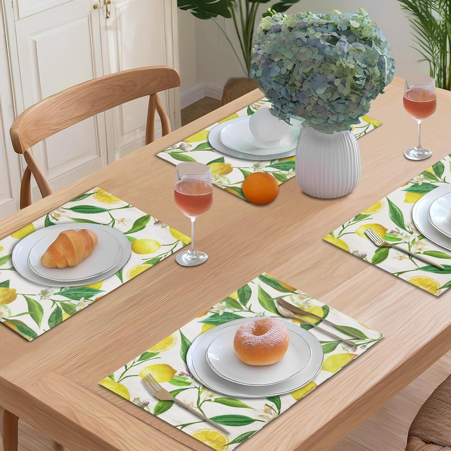 Lemon Placemats Set of 4 Summer Seasonal Yellow Table Mats | Linen Fabric Washable Wipeable Heat Resistant Waterproof Rectangle Place Mats for Kitchen Dining Dinner Patio Party 12X18Inch