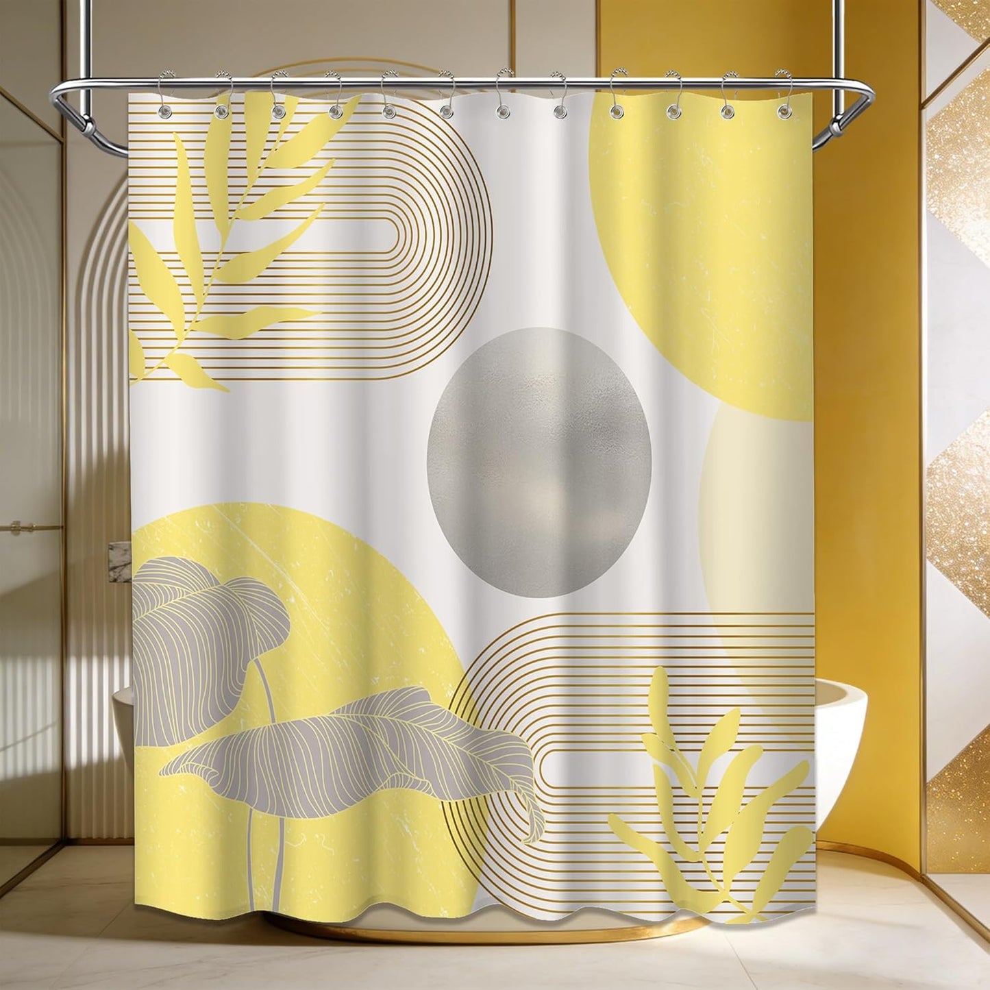 Shower Curtain Mustard Yellow Grey White 70 x 72 Inch | Abstract MCM Design, Waterproof Fabric, Includes Hooks, Bathroom Decor