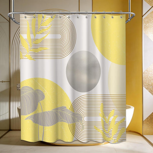 Shower Curtain Mustard Yellow Grey White 70 x 72 Inch | Abstract MCM Design, Waterproof Fabric, Includes Hooks, Bathroom Decor