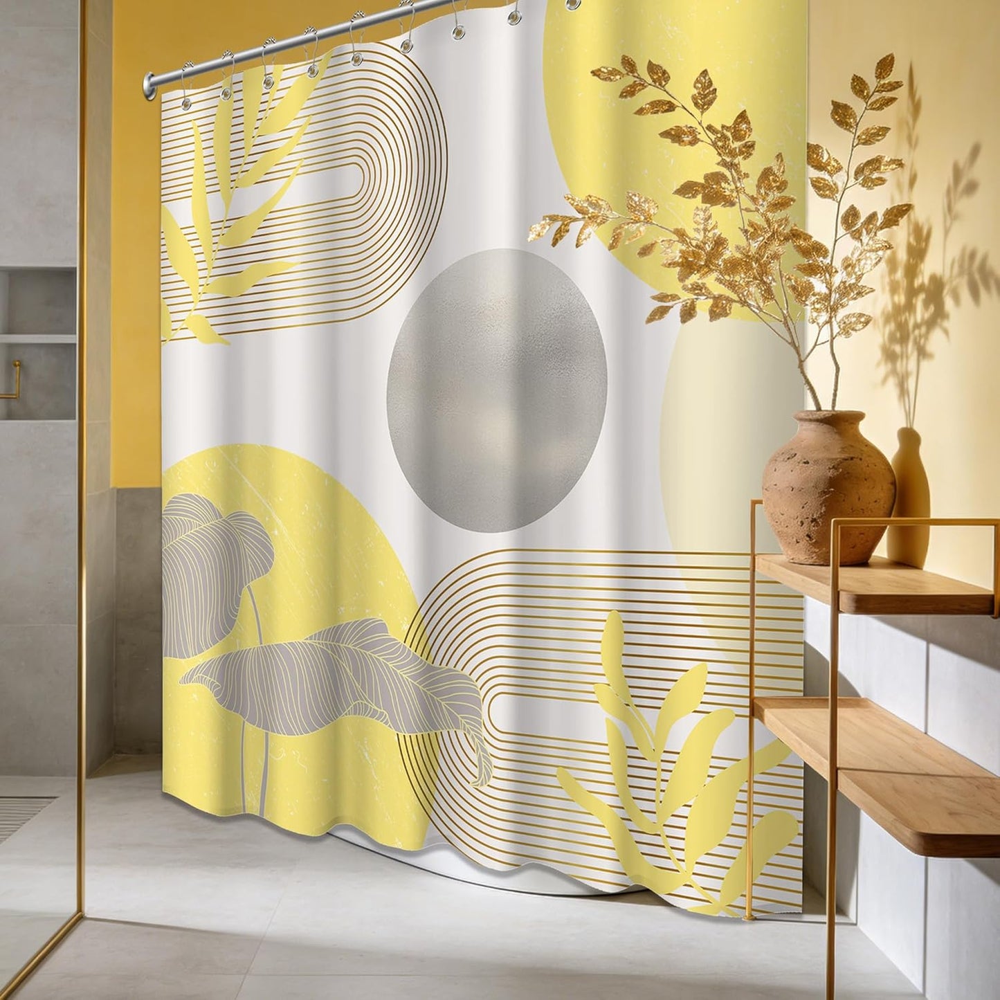 Shower Curtain Mustard Yellow Grey White 70 x 72 Inch | Abstract MCM Design, Waterproof Fabric, Includes Hooks, Bathroom Decor