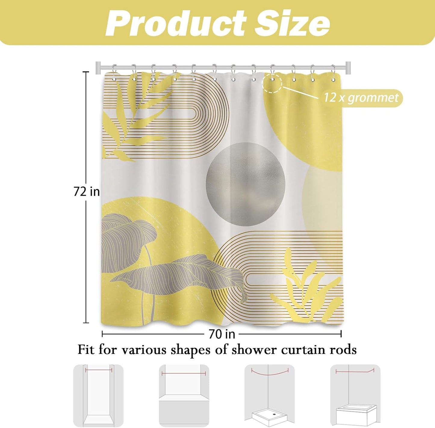 Shower Curtain Mustard Yellow Grey White 70 x 72 Inch | Abstract MCM Design, Waterproof Fabric, Includes Hooks, Bathroom Decor