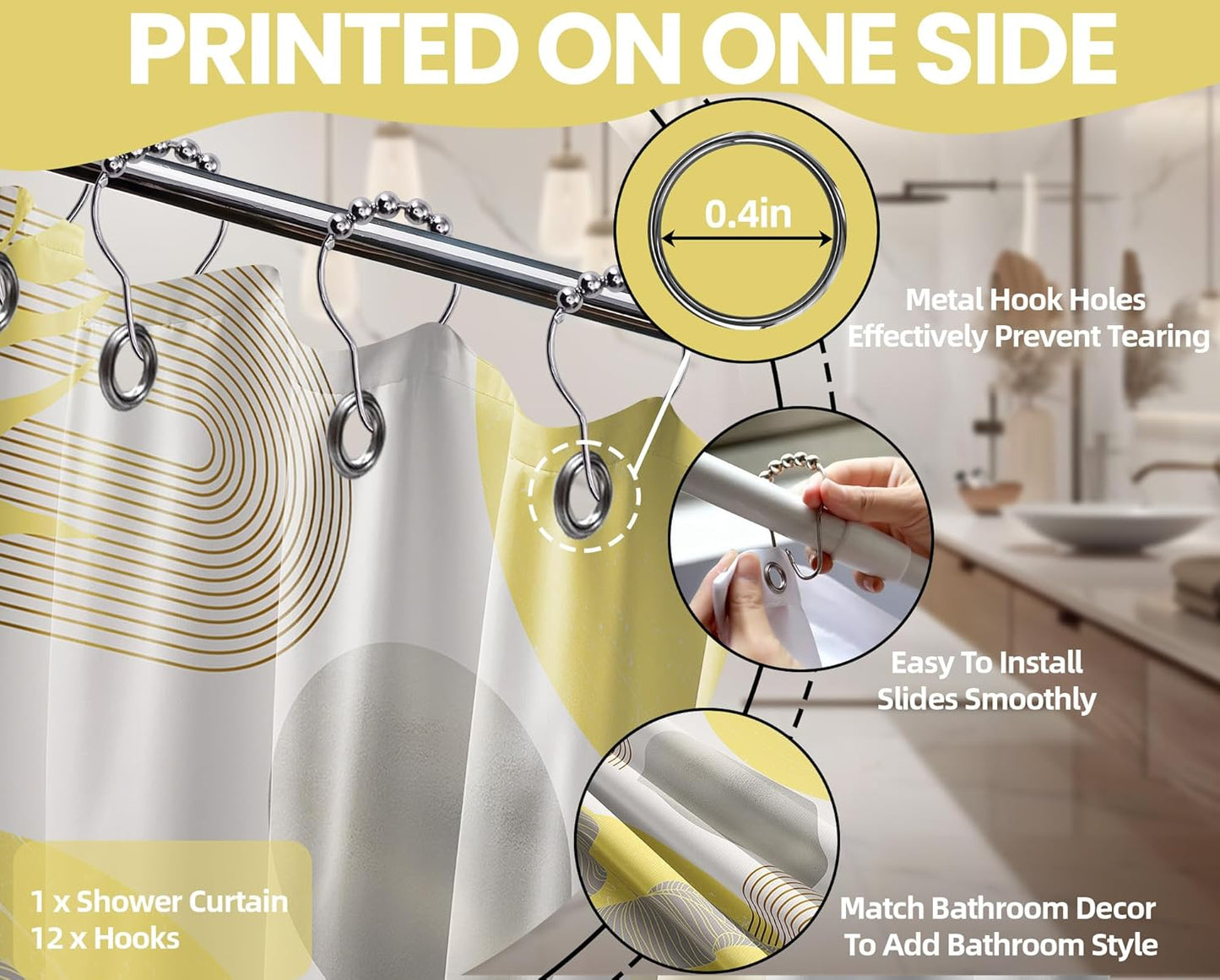 Shower Curtain Mustard Yellow Grey White 70 x 72 Inch | Abstract MCM Design, Waterproof Fabric, Includes Hooks, Bathroom Decor