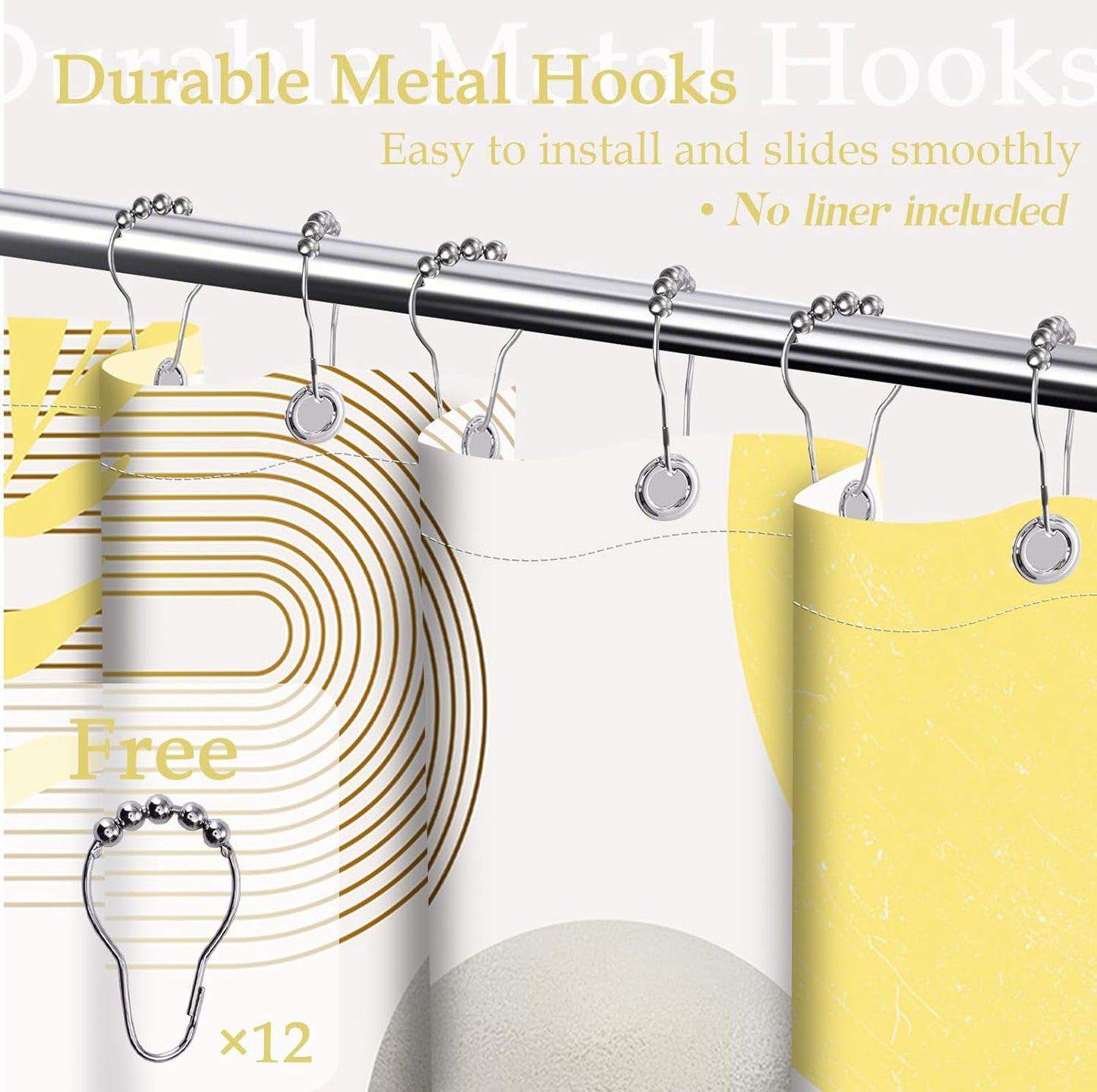Shower Curtain Mustard Yellow Grey White 70 x 72 Inch | Abstract MCM Design, Waterproof Fabric, Includes Hooks, Bathroom Decor