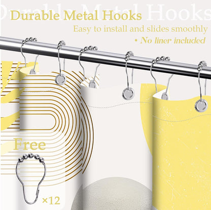 Shower Curtain Mustard Yellow Grey White 70 x 72 Inch | Abstract MCM Design, Waterproof Fabric, Includes Hooks, Bathroom Decor