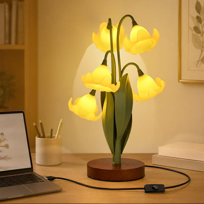 Flower Table Lamp for Bedroom, Cute Reading Light with 5 Yellow Magnolia Flower of The Valley,Desk Lamp Bedside Lamps for Nightstands Home Decor,Soft Reading Night Light for Bedroom Living Room Office
