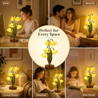 Flower Table Lamp for Bedroom, Cute Reading Light with 5 Yellow Magnolia Flower of The Valley,Desk Lamp Bedside Lamps for Nightstands Home Decor,Soft Reading Night Light for Bedroom Living Room Office