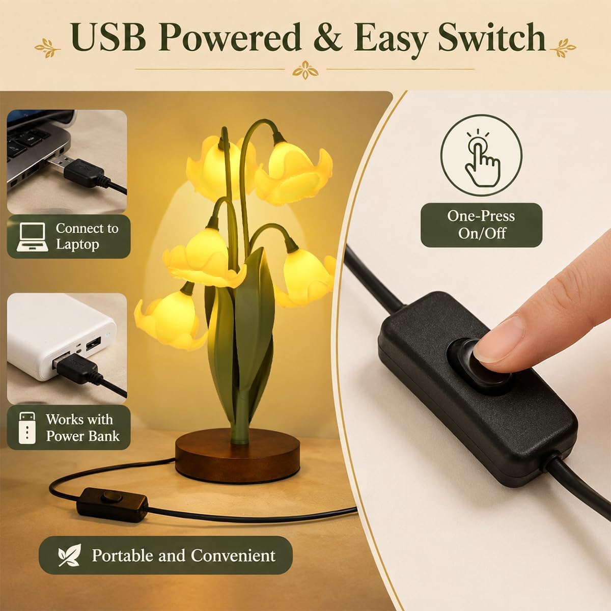 Flower Table Lamp for Bedroom, Cute Reading Light with 5 Yellow Magnolia Flower of The Valley,Desk Lamp Bedside Lamps for Nightstands Home Decor,Soft Reading Night Light for Bedroom Living Room Office