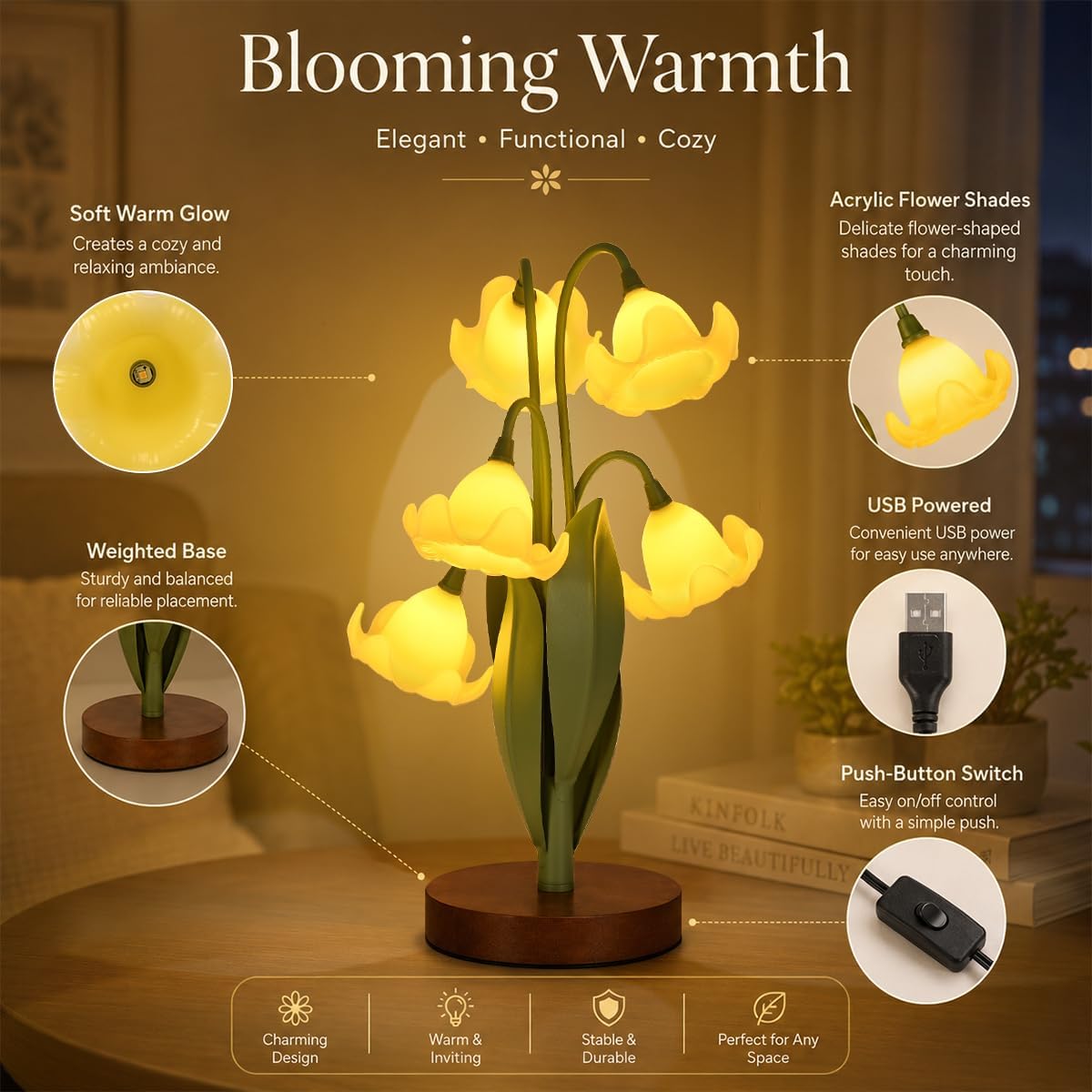 Flower Table Lamp for Bedroom, Cute Reading Light with 5 Yellow Magnolia Flower of The Valley,Desk Lamp Bedside Lamps for Nightstands Home Decor,Soft Reading Night Light for Bedroom Living Room Office