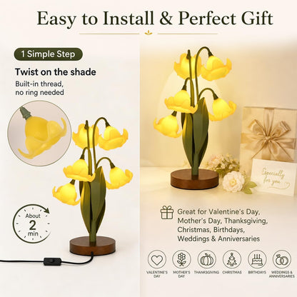 Flower Table Lamp for Bedroom, Cute Reading Light with 5 Yellow Magnolia Flower of The Valley,Desk Lamp Bedside Lamps for Nightstands Home Decor,Soft Reading Night Light for Bedroom Living Room Office