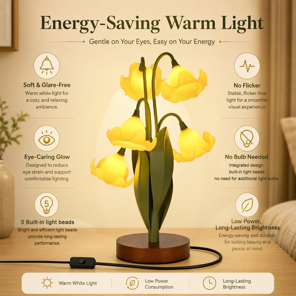 Flower Table Lamp for Bedroom, Cute Reading Light with 5 Yellow Magnolia Flower of The Valley,Desk Lamp Bedside Lamps for Nightstands Home Decor,Soft Reading Night Light for Bedroom Living Room Office