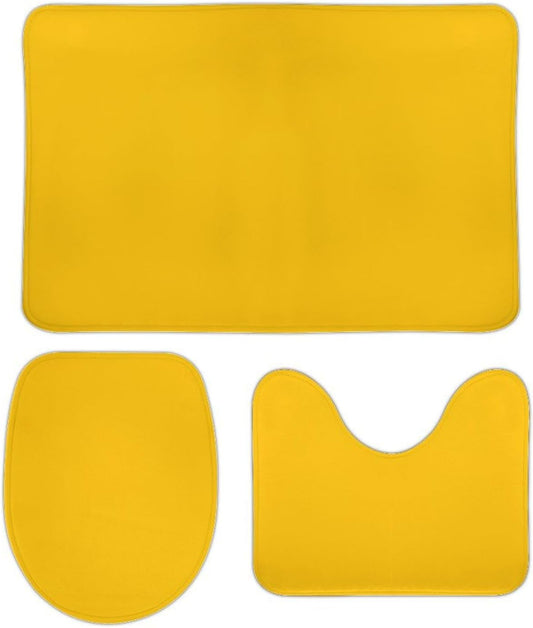 Bathroom Rugs Set 3 Piece Solid Color Deep Lemon Mustard Yellow Bath Rug Mat Set, Non Slip Absorbent Bathroom Decor Mat, Toilet Lid Cover & U Shaped Contour Rug