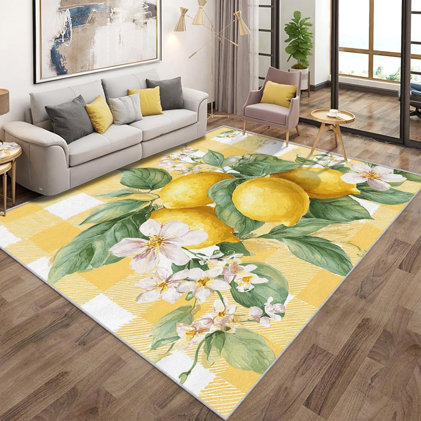 Lemon Rugs for Home Decor, 7x9 ft, Yellow Plaid Fruit Area Rugs for Living Room, Soft Non Slip Washable Green Leaves Lemon Carpet Bedroom Decorations Dt-Ghf-32