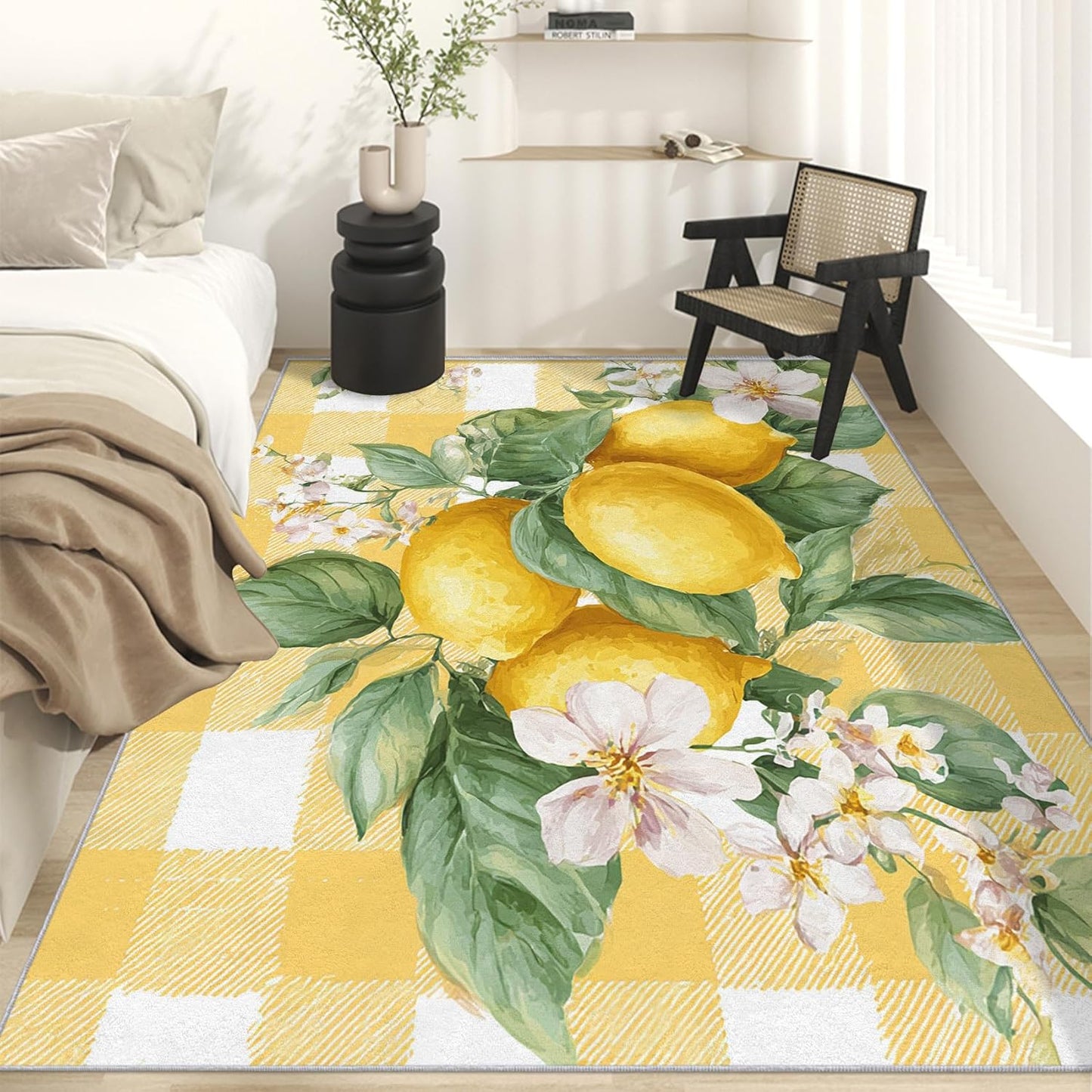 Lemon Rugs for Home Decor, 7x9 ft, Yellow Plaid Fruit Area Rugs for Living Room, Soft Non Slip Washable Green Leaves Lemon Carpet Bedroom Decorations Dt-Ghf-32