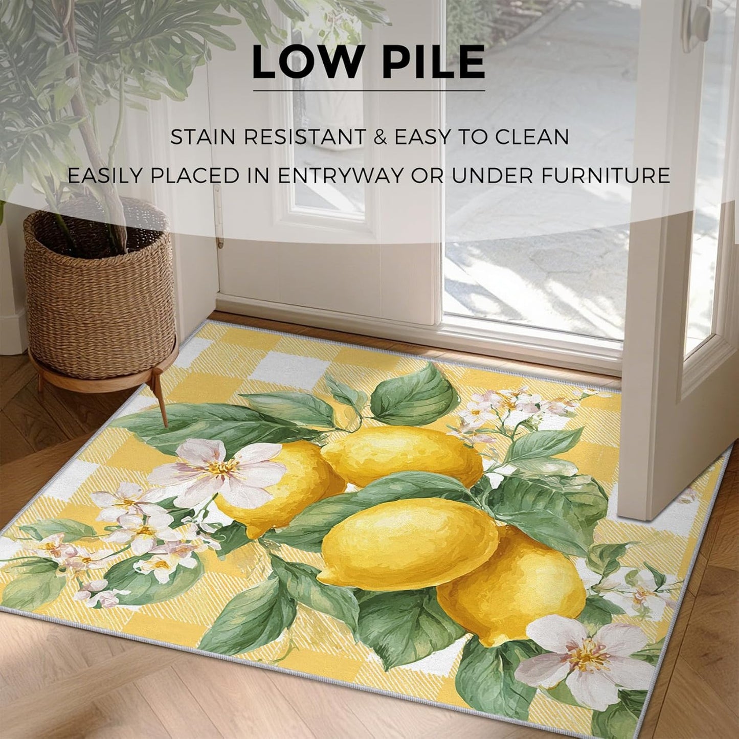 Lemon Rugs for Home Decor, 7x9 ft, Yellow Plaid Fruit Area Rugs for Living Room, Soft Non Slip Washable Green Leaves Lemon Carpet Bedroom Decorations Dt-Ghf-32