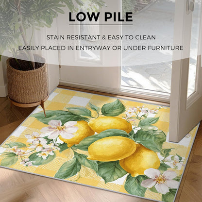 Lemon Rugs for Home Decor, 7x9 ft, Yellow Plaid Fruit Area Rugs for Living Room, Soft Non Slip Washable Green Leaves Lemon Carpet Bedroom Decorations Dt-Ghf-32