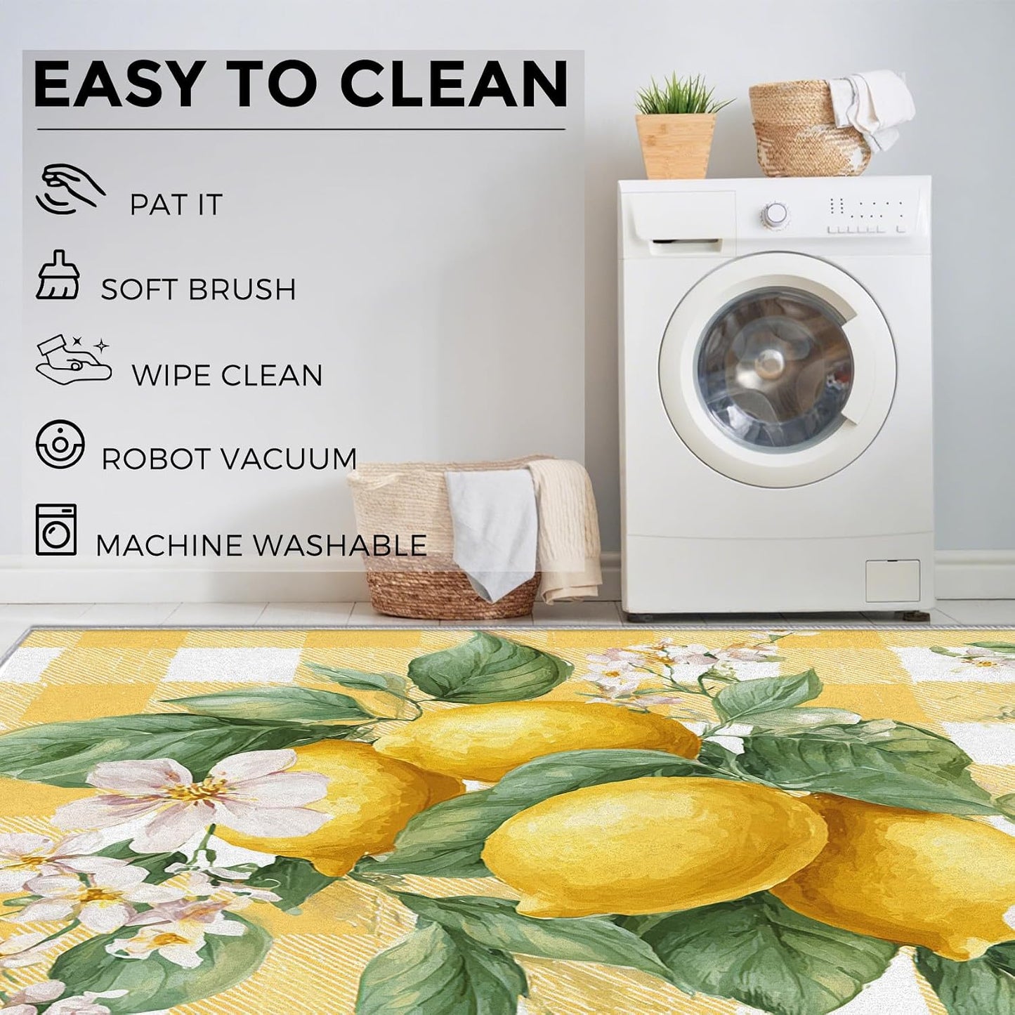 Lemon Rugs for Home Decor, 7x9 ft, Yellow Plaid Fruit Area Rugs for Living Room, Soft Non Slip Washable Green Leaves Lemon Carpet Bedroom Decorations Dt-Ghf-32