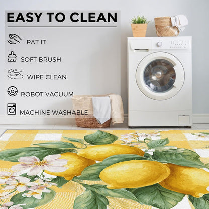 Lemon Rugs for Home Decor, 7x9 ft, Yellow Plaid Fruit Area Rugs for Living Room, Soft Non Slip Washable Green Leaves Lemon Carpet Bedroom Decorations Dt-Ghf-32