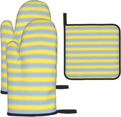 3PCS Oven Mitts and Pot Holders Sets, Yellow Light Blue Gradient Soft Stripes Oven Mitts Set Heat Resistant Kitchen Microwave Gloves Safe for Baking,Cooking, BBQ