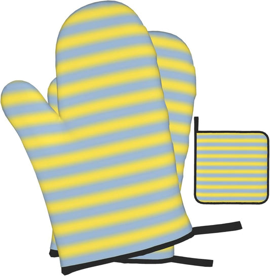 3PCS Oven Mitts and Pot Holders Sets, Yellow Light Blue Gradient Soft Stripes Oven Mitts Set Heat Resistant Kitchen Microwave Gloves Safe for Baking,Cooking, BBQ