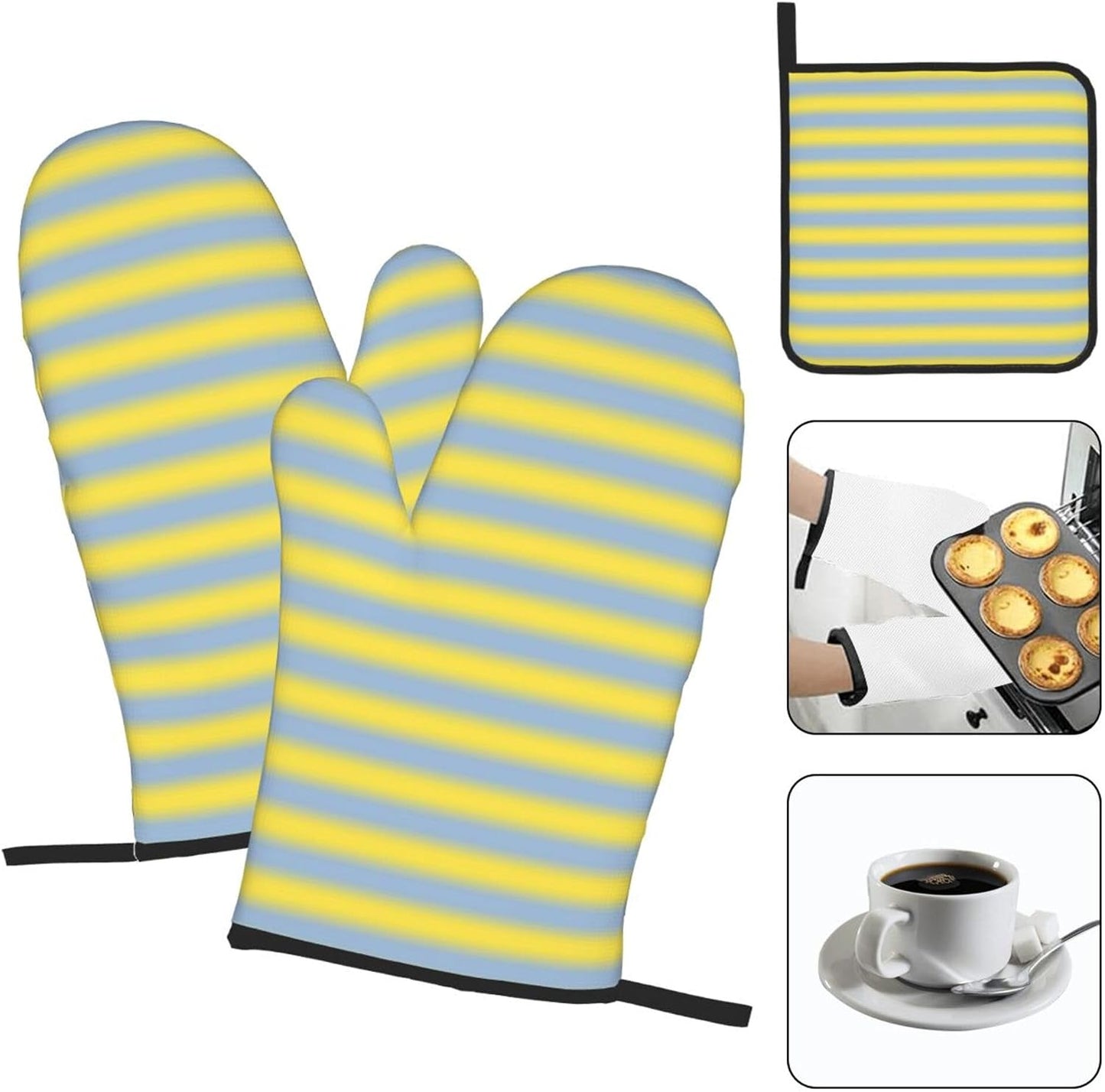 3PCS Oven Mitts and Pot Holders Sets, Yellow Light Blue Gradient Soft Stripes Oven Mitts Set Heat Resistant Kitchen Microwave Gloves Safe for Baking,Cooking, BBQ