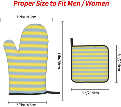 3PCS Oven Mitts and Pot Holders Sets, Yellow Light Blue Gradient Soft Stripes Oven Mitts Set Heat Resistant Kitchen Microwave Gloves Safe for Baking,Cooking, BBQ