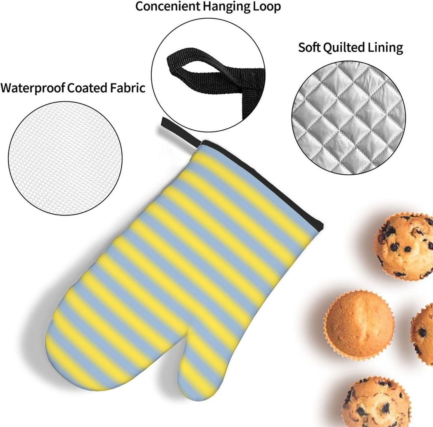 3PCS Oven Mitts and Pot Holders Sets, Yellow Light Blue Gradient Soft Stripes Oven Mitts Set Heat Resistant Kitchen Microwave Gloves Safe for Baking,Cooking, BBQ