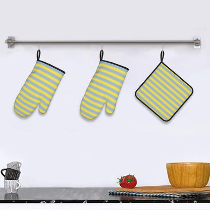 3PCS Oven Mitts and Pot Holders Sets, Yellow Light Blue Gradient Soft Stripes Oven Mitts Set Heat Resistant Kitchen Microwave Gloves Safe for Baking,Cooking, BBQ