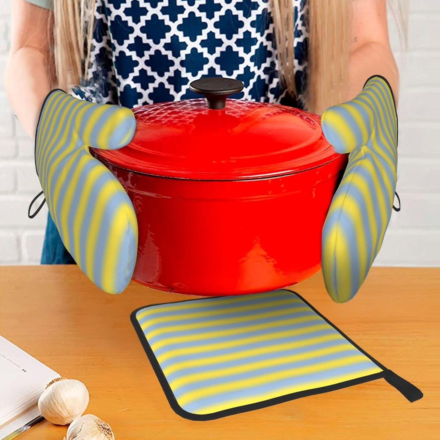 3PCS Oven Mitts and Pot Holders Sets, Yellow Light Blue Gradient Soft Stripes Oven Mitts Set Heat Resistant Kitchen Microwave Gloves Safe for Baking,Cooking, BBQ