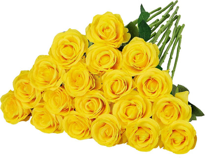 20 Pcs Fake Yellow Roses Artificial Silk Flowers with Long Stem | Faux roses bouquet, silk flowers, Valentines day decor, wedding home party table centerpieces bridal diy floral arrangement