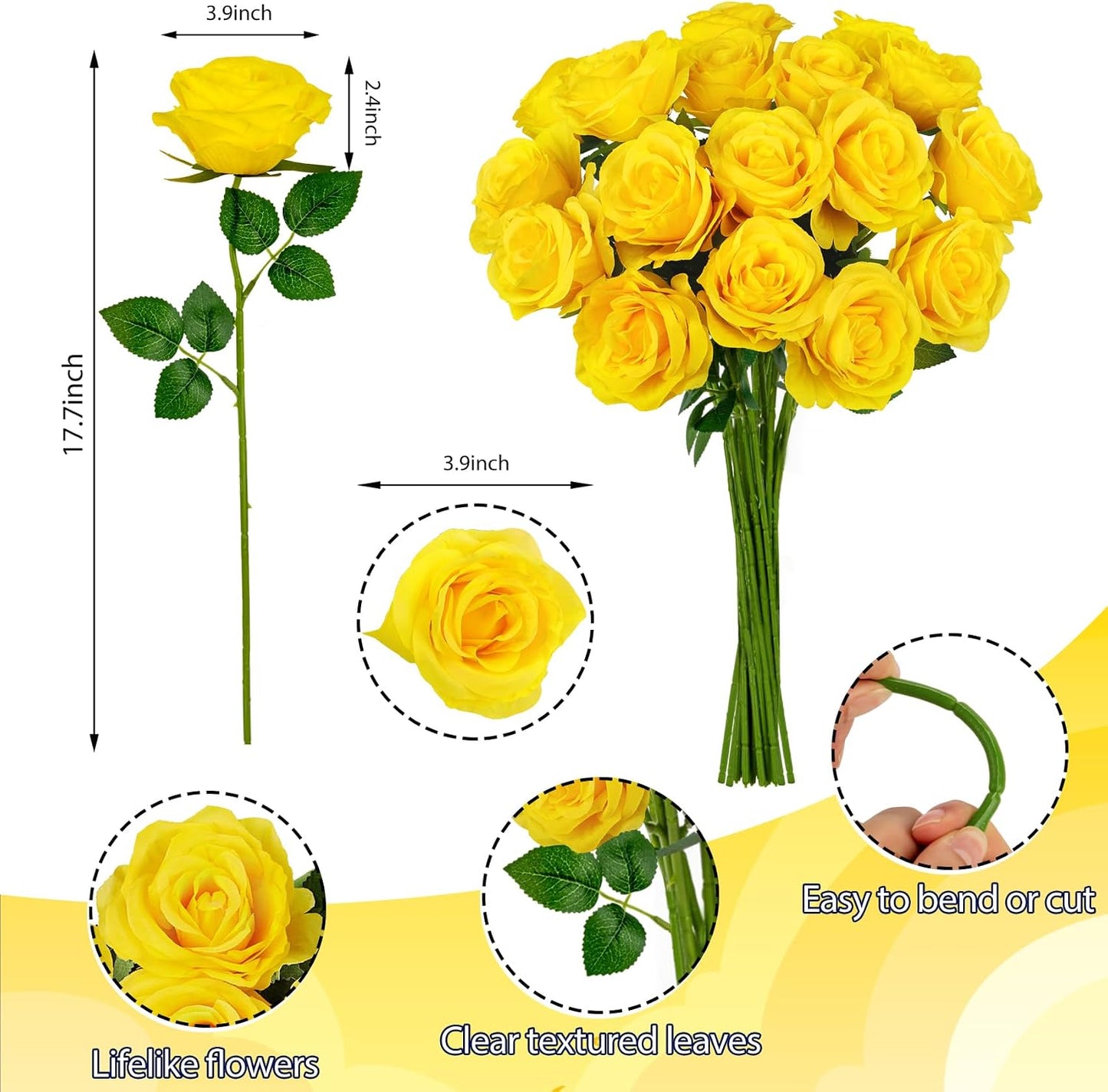 20 Pcs Fake Yellow Roses Artificial Silk Flowers with Long Stem | Faux roses bouquet, silk flowers, Valentines day decor, wedding home party table centerpieces bridal diy floral arrangement