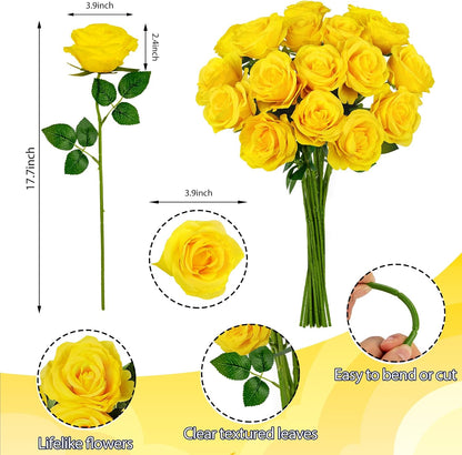 20 Pcs Fake Yellow Roses Artificial Silk Flowers with Long Stem | Faux roses bouquet, silk flowers, Valentines day decor, wedding home party table centerpieces bridal diy floral arrangement