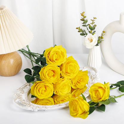 20 Pcs Fake Yellow Roses Artificial Silk Flowers with Long Stem | Faux roses bouquet, silk flowers, Valentines day decor, wedding home party table centerpieces bridal diy floral arrangement
