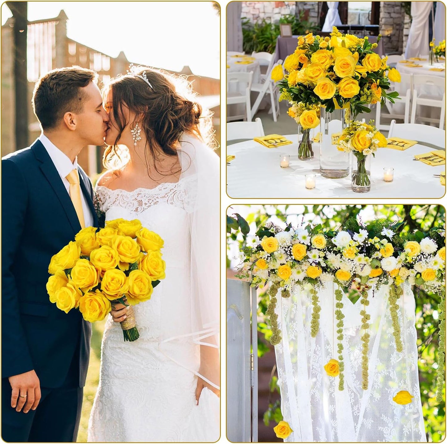 20 Pcs Fake Yellow Roses Artificial Silk Flowers with Long Stem | Faux roses bouquet, silk flowers, Valentines day decor, wedding home party table centerpieces bridal diy floral arrangement