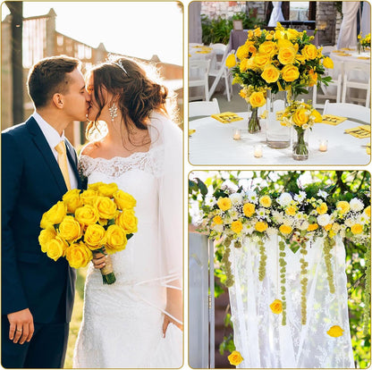 20 Pcs Fake Yellow Roses Artificial Silk Flowers with Long Stem | Faux roses bouquet, silk flowers, Valentines day decor, wedding home party table centerpieces bridal diy floral arrangement