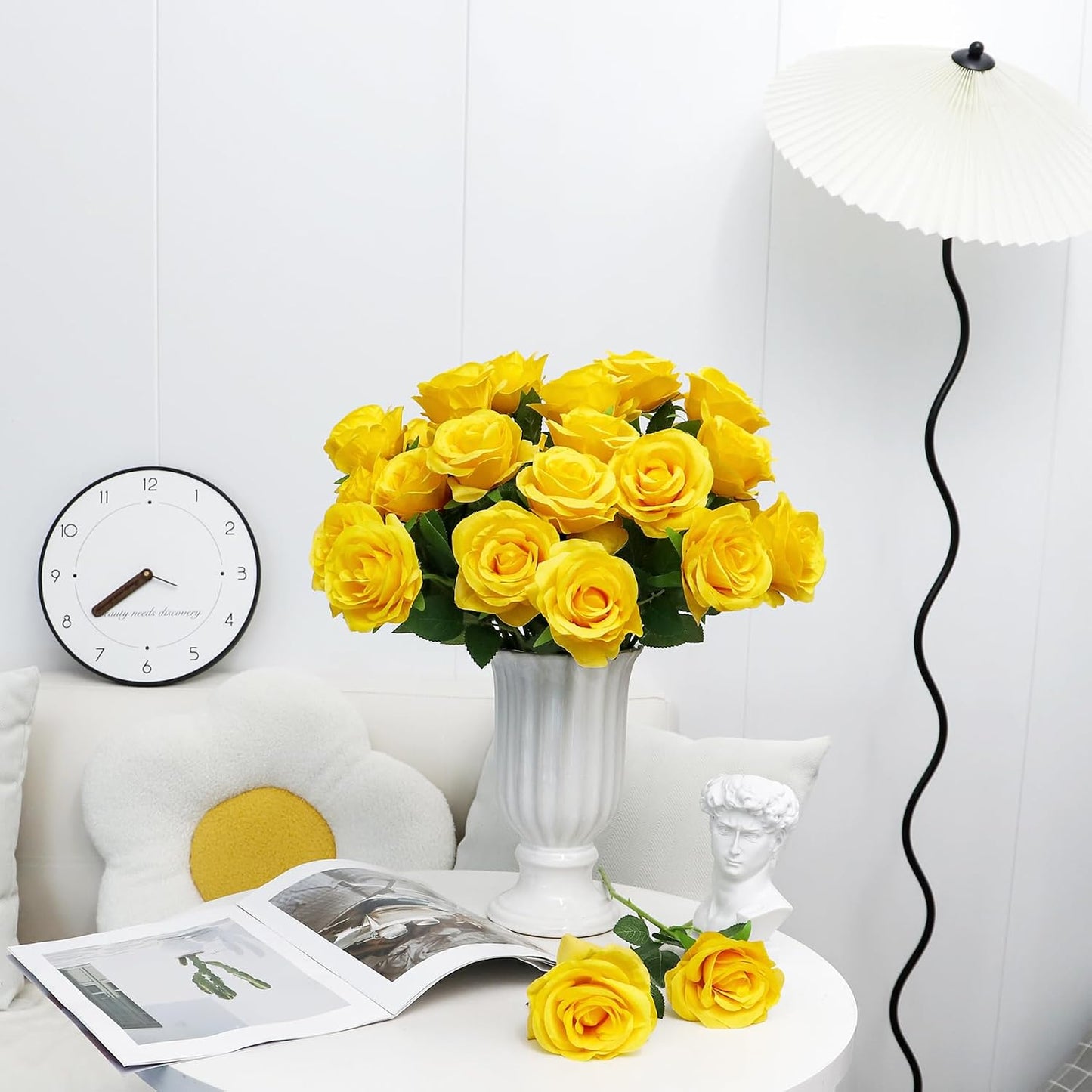 20 Pcs Fake Yellow Roses Artificial Silk Flowers with Long Stem | Faux roses bouquet, silk flowers, Valentines day decor, wedding home party table centerpieces bridal diy floral arrangement