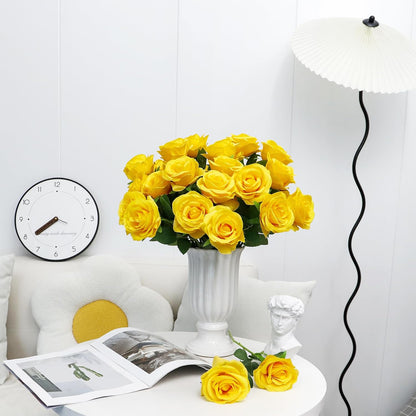 20 Pcs Fake Yellow Roses Artificial Silk Flowers with Long Stem | Faux roses bouquet, silk flowers, Valentines day decor, wedding home party table centerpieces bridal diy floral arrangement