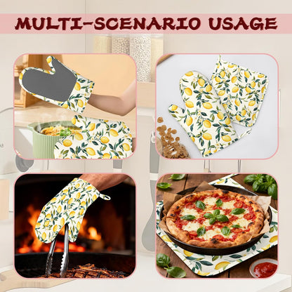 Retro Lemon Floral Silicone Oven Mitts and Pot Holders,Heat-Resistant 4 Piece Kitchen Set Non-Slip Oven Gloves and Hot Pads for Cooking, Baking, Grilling,BBQ