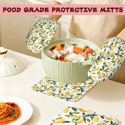 Retro Lemon Floral Silicone Oven Mitts and Pot Holders,Heat-Resistant 4 Piece Kitchen Set Non-Slip Oven Gloves and Hot Pads for Cooking, Baking, Grilling,BBQ