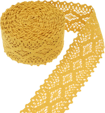 Yellow Cotton lace Trim Crochet lace Ribbon for DIY Sewing (2 Inch) | Premium soft cotton crochet lace ribbon. Non-fraying, easy to sew or glue. Ideal for junk journals, crafts, and DIY clothing