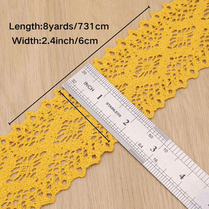 Yellow Cotton lace Trim Crochet lace Ribbon for DIY Sewing (2 Inch) | Premium soft cotton crochet lace ribbon. Non-fraying, easy to sew or glue. Ideal for junk journals, crafts, and DIY clothing