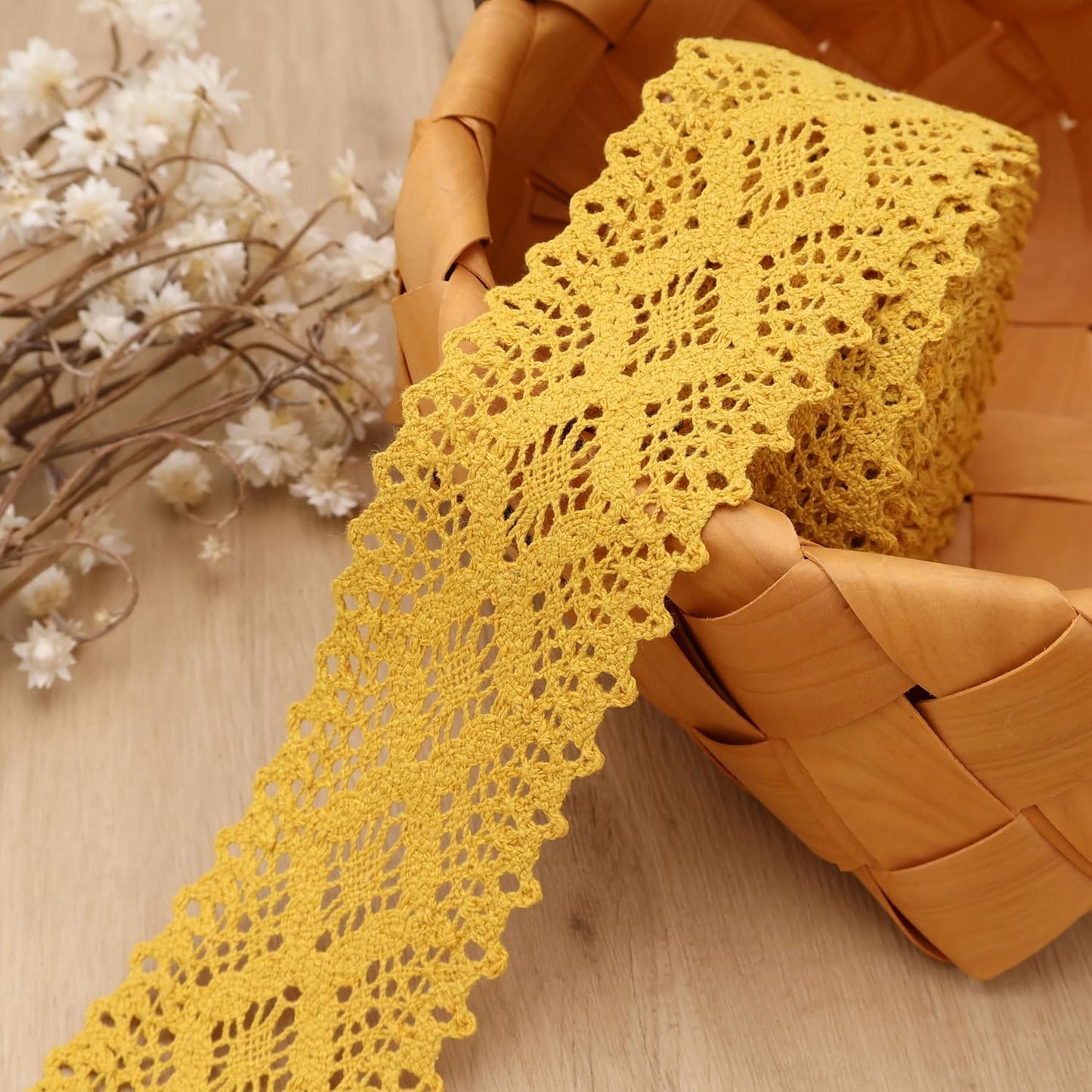 Yellow Cotton lace Trim Crochet lace Ribbon for DIY Sewing (2 Inch) | Premium soft cotton crochet lace ribbon. Non-fraying, easy to sew or glue. Ideal for junk journals, crafts, and DIY clothing