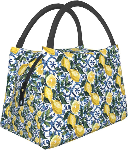 MIEPOSLemon Lunch Box with Mediterranean Citrus Tile Pattern for Girls and Adults,Lightweight Handbag with Zipper Closure,Portable Cosmetic Bag for School,Work,Office,Travel and Picnic Gifts